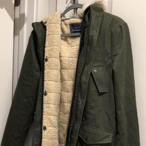 Topman winter parka jacket, fish tail jacket, faux fur trim, military green